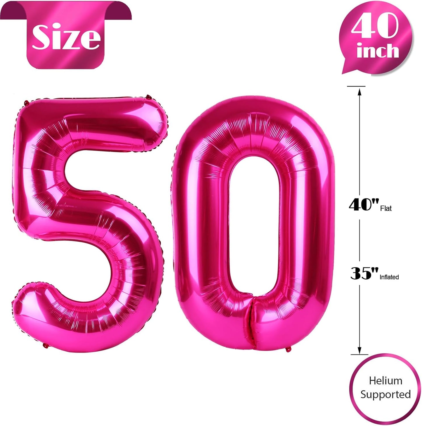 Hot Pink Number 50 Balloon 40 inch, 50 Number Balloons, 50th Birthday Decorations, 50 Year Old Women Hot Pink Party Supplies