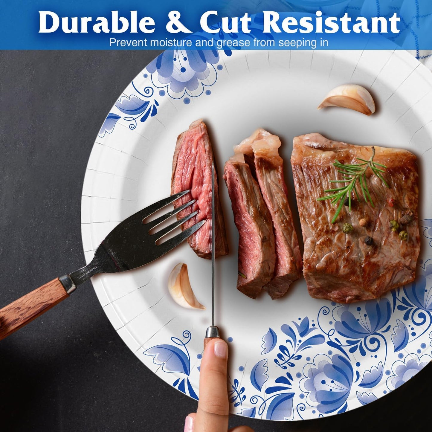 Charmount 10 Inch Large Blue Paper Plates, 300pcs Disposable Plates for Parties and Daily Use, Soak Proof, Cut Proof, Flower Printed