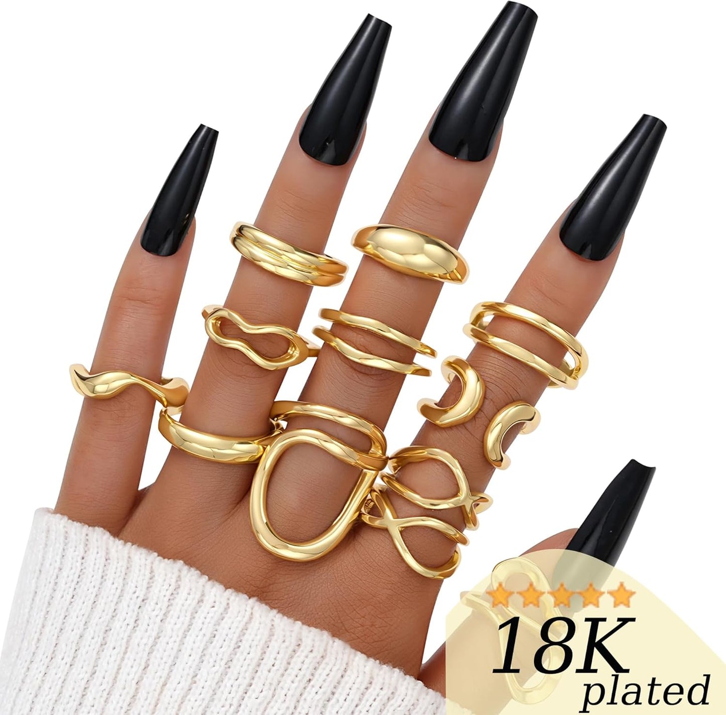 FAXHION 12PCS Gold Stackable Rings Set for Women, 18K Gold Plated Open Stacking Knuckle Ring, Adjustable Chunky Signet Band Statement Ring for Gift
