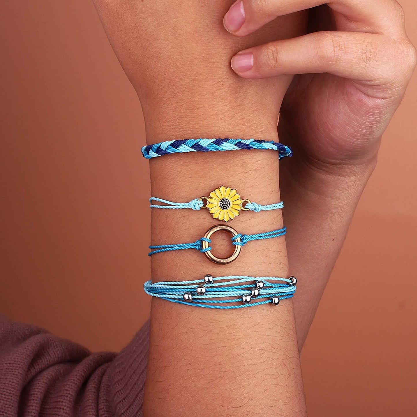 FANCY SHINY Sunflower String Bracelet Boho Braided Rope Wrap Bracelets Cute Summer Beach Surfer Jewelry for Women Christmas Gifts