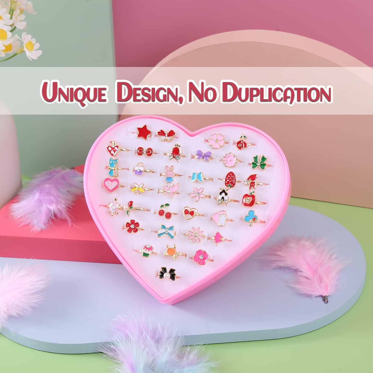 36pcs Little Girl Jewel Rings, Adjustable, No Duplication Kids Play Ring in Box,Pretend and Dress Up Rings for 4-12 Year Old Girls Birthday Gifts Holiday Gifts, 4 5 6 7 8 9 10 11 12 Year Old Girl Toys for Kids