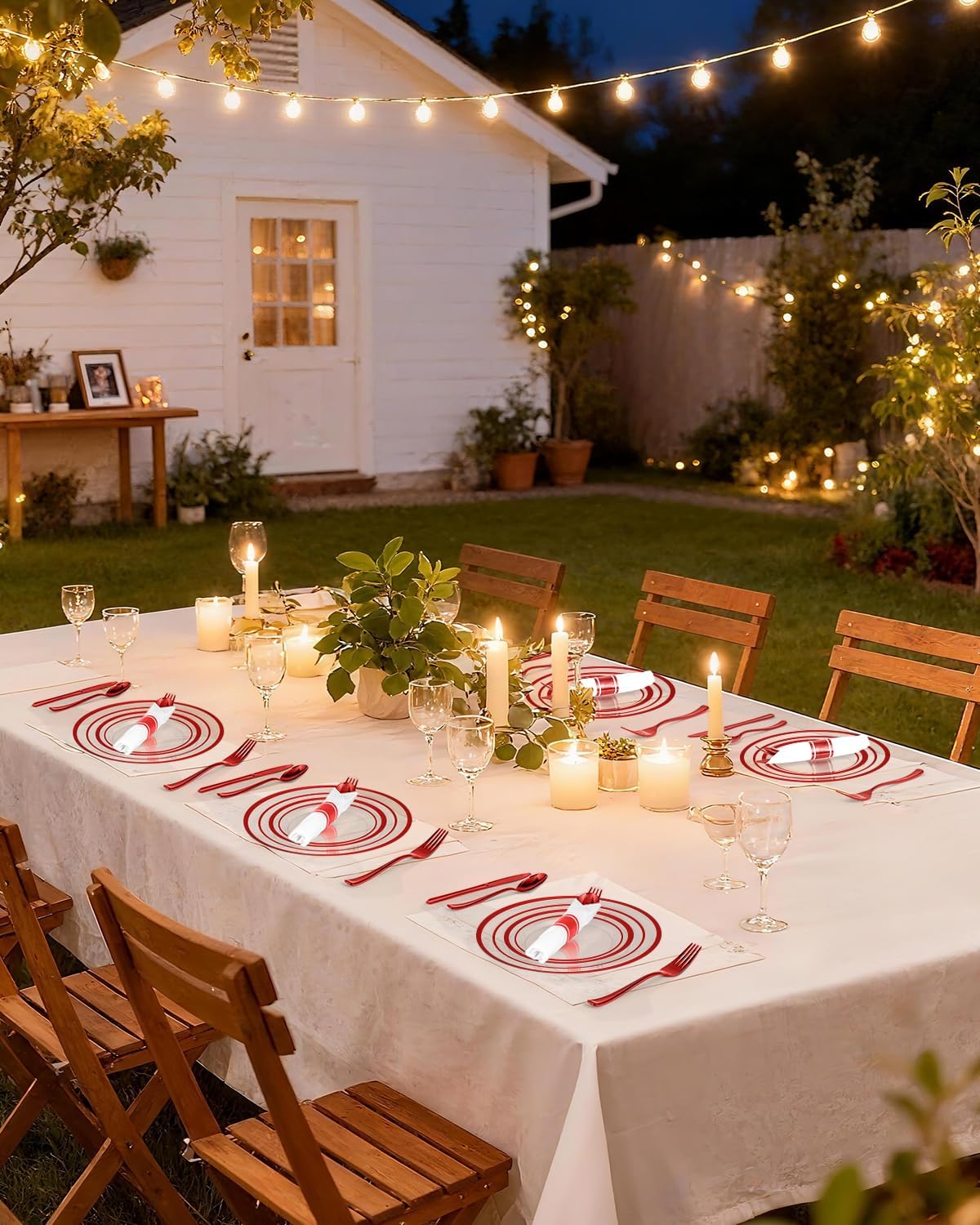 Goodluck 175 Piece Red Plastic Plates, Clear Plastic Silverware Disposable Plates Set, Include 50Plates, 25Pack Pre Rolled Napkins with Silverware, 25Cups for Party, Christmas, Graduation, Wedding