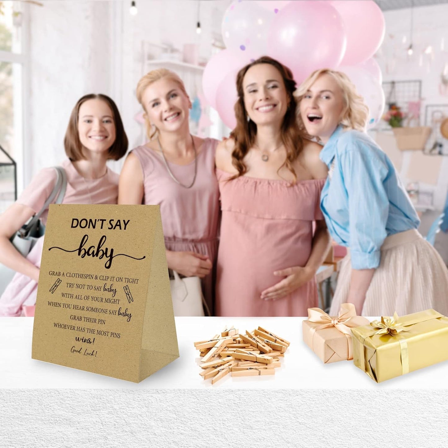 Don't Say Baby Game For Baby Shower Clothespin Game, One 5x7 Kraft Sign And 50 Natural Clothespins, Minimal Style, Gender Neutral -NDSBB01