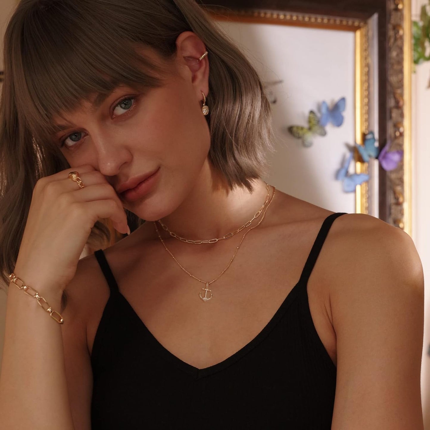 MEVECCO Layered Heart Necklace Pendant Handmade 18k Gold Plated Dainty Gold Choker Arrow Bar Layering Long Necklace for Women