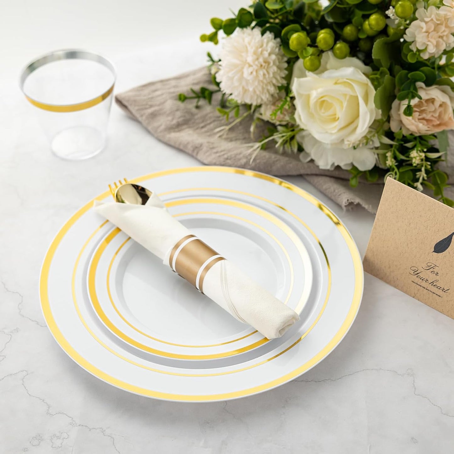 N9R 350 PCS Gold Plastic Dinnerware Set for 50 Guests, Gold Plastic Plates, Disposable Plate for Thanksgiving, Include: 50 Dinner & Dessert Plates, 50 Pre Rolled Napkins with Silverware and 50 Cups