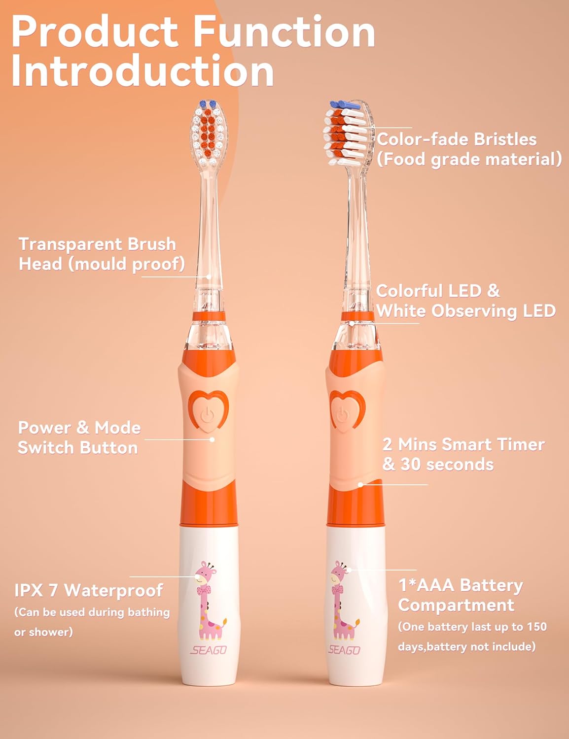 SEAGO Kids Electric Toothbrush with 2 Mins Brushing Timer and 4 Replacement Bursh Heads, Rainbow LED Light Make Brushing Fun, Boys Battery Powerd Toothbrush for 4-12 Years Old，SG-977(Orange)