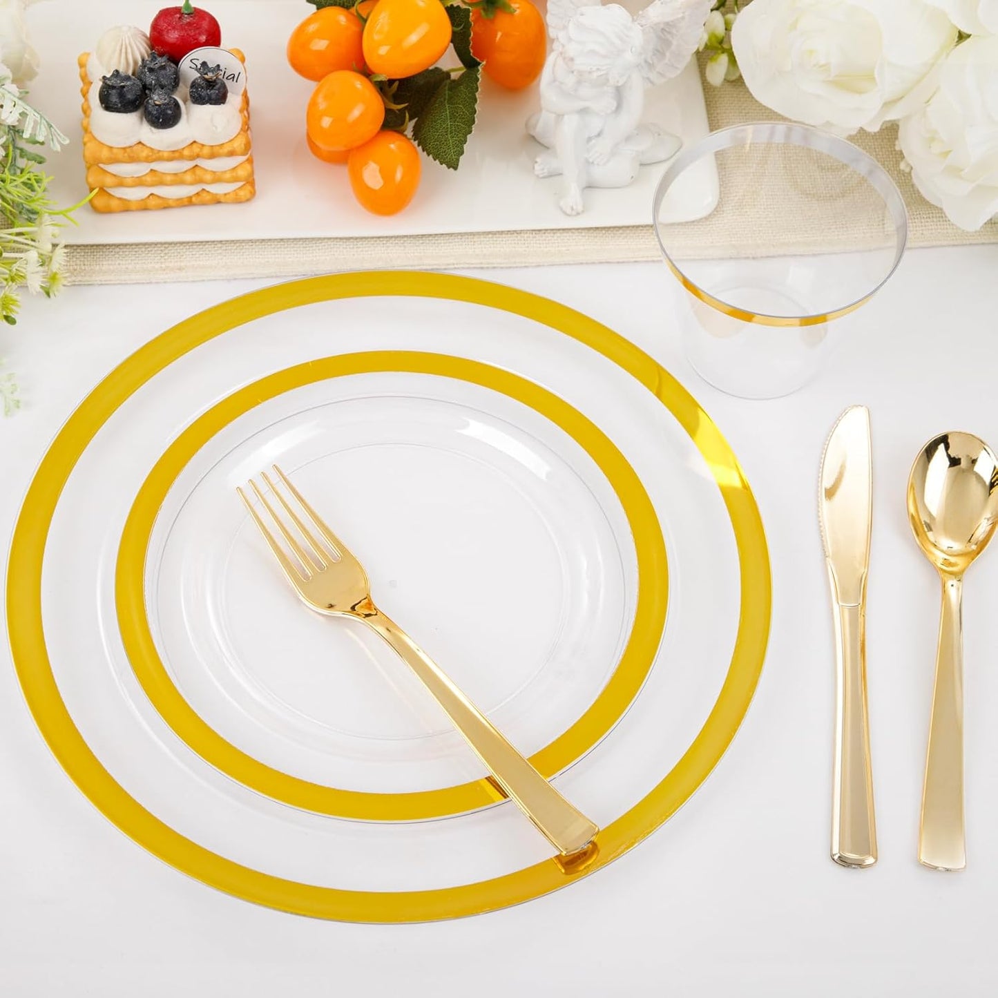I00000 210 Pcs Clear Plastic Plates,Gold Disposable Plates,Include 30 Dinner Plates 10.25'',30 Dessert Plates 7.5'',30 Gold Rim Cups 30 Pre Rolled Napkins with Plastic Cutlery for Thanksgiving