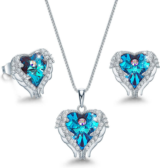 CDE Mothers Day Jewelry Set for Women, Angle Wing Heart Pendant Necklaces and Earrings with Birthstone， Birthday/Anniversary Christmas Jewelry Gift for Women Wife Her