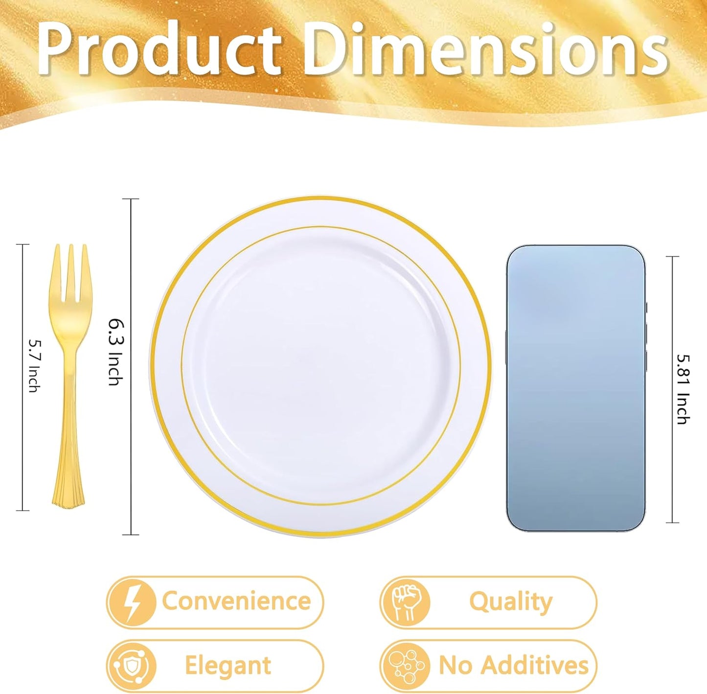 WELLIFE 120 PCS Plastic Dessert Plates and 120 PCS Forks, 6.3 inch Disposable Salad Plate, Premium White Appetizer Plates with Gold Rims Perfect for Parties, Weddings