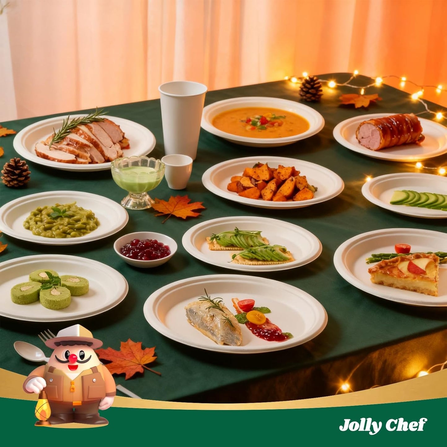JOLLY CHEF Compostable Heavy Duty Plates 𝟭𝟬 𝗜𝗻𝗰𝗵 [𝟯𝟬𝟬 𝗣𝗮𝗰𝗸] Eco-Friendly Disposable White Paper Plates Made of Bagasse Biodegradable Bulk for Party Dinner Sugarcane Thanksgiving Day