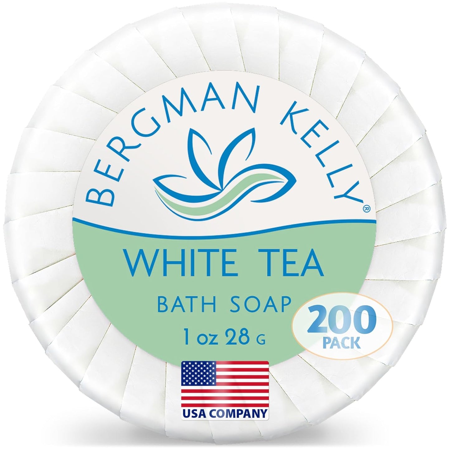 BERGMAN KELLY - Hotel Soap Bars - White Tea, 1 oz, 200 PK - Travel Size Luxury Bulk Amenities Bar Soap, Mini Individually Wrapped Round Soap - Small Toiletries for Airbnb, Motel, Guest Bathroom