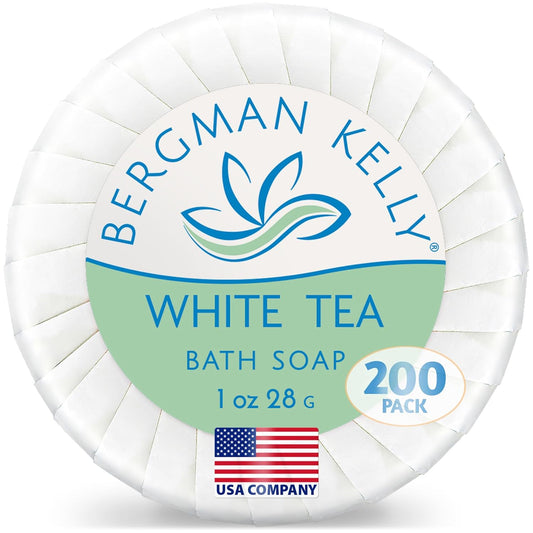 BERGMAN KELLY - Hotel Soap Bars - White Tea, 1 oz, 200 PK - Travel Size Luxury Bulk Amenities Bar Soap, Mini Individually Wrapped Round Soap - Small Toiletries for Airbnb, Motel, Guest Bathroom