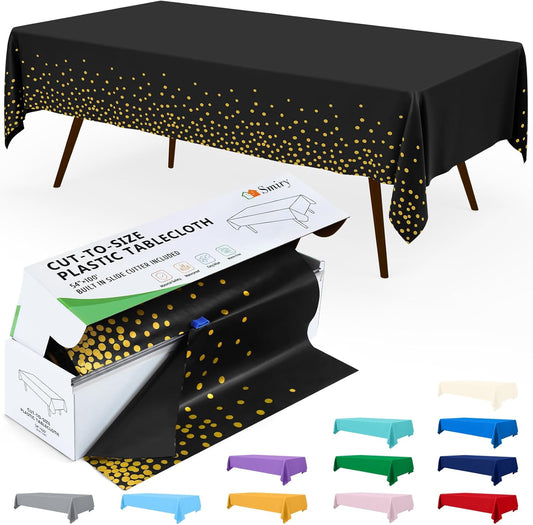 Smiry 54 Inch x 100 Feet Disposable Table Cover Roll, Black & Gold Plastic Table Cloth in Cut-to-Size Box with Slide Cutter, Waterproof Rectangle Tablecloths for Weddings, Banquets, Outdoor