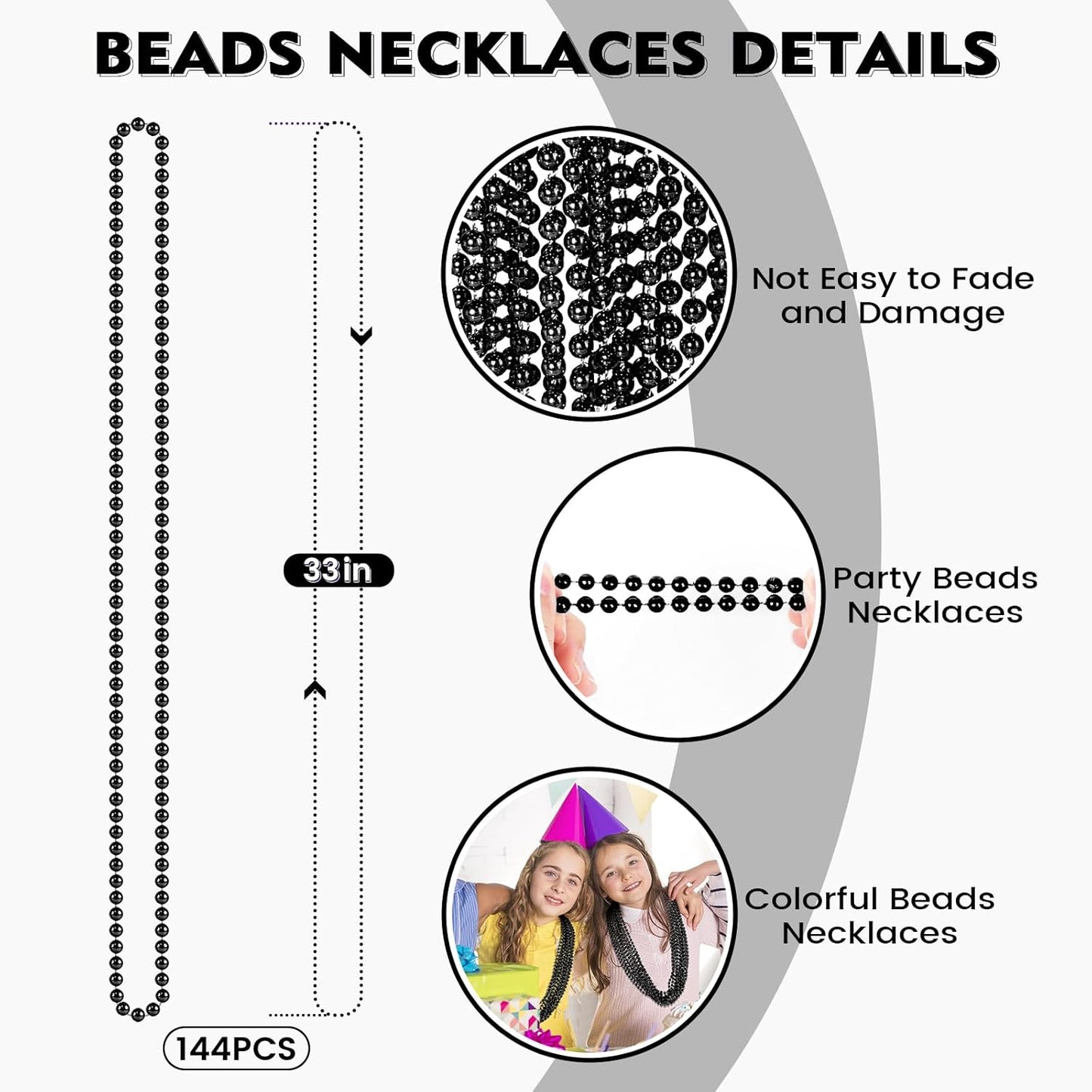 144 PCS Black Bead Necklaces, Black Mardi Gras Beads, New Year Eve Necklaces, 33 Inch Round Halloween Beaded Necklace, Party Beads for Mardi Gras, Christmas, Halloween, New Year Party Favors