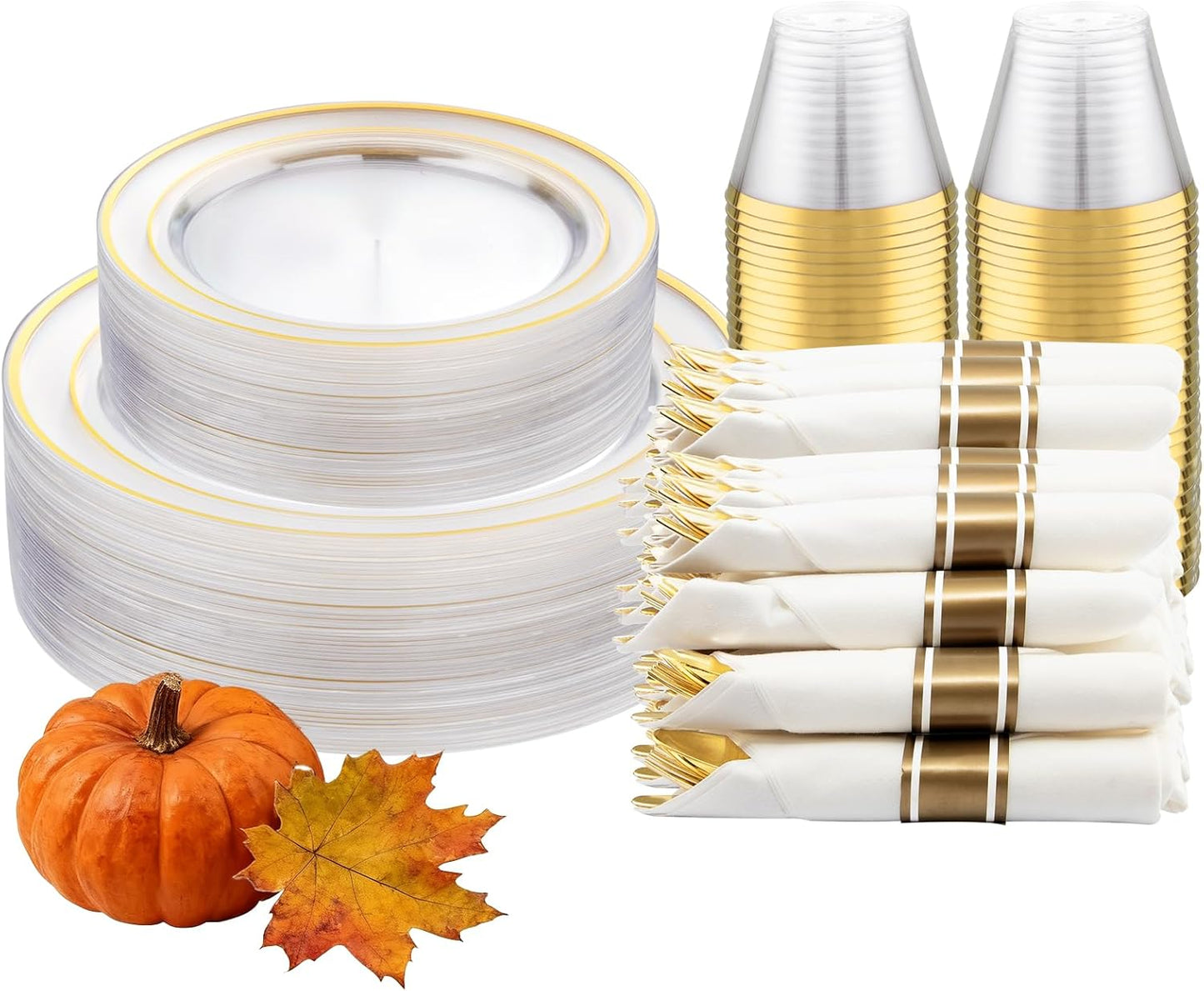 DaYammi 210PCS Clear Gold Plastic Dinnerware Set Thanksgiving Plates Disposable Fancy Platos for Party Include: 30 Dinner Plates, 30 Dessert Plates, 30 Pre Rolled Napkins with Gold Silverware, 30 Cups