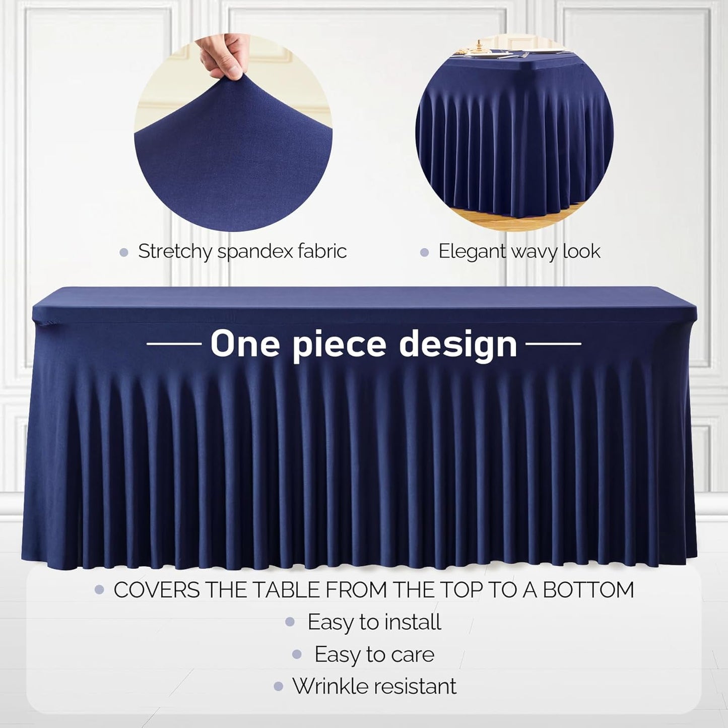 1 Pack Navy Blue Table Clothes for 6 Foot Rectangle Tables, One-Piece Wrinkle Resistant Stretch Spandex Table Covers with Table Skirt for Event Banquet Wedding Birthday Party