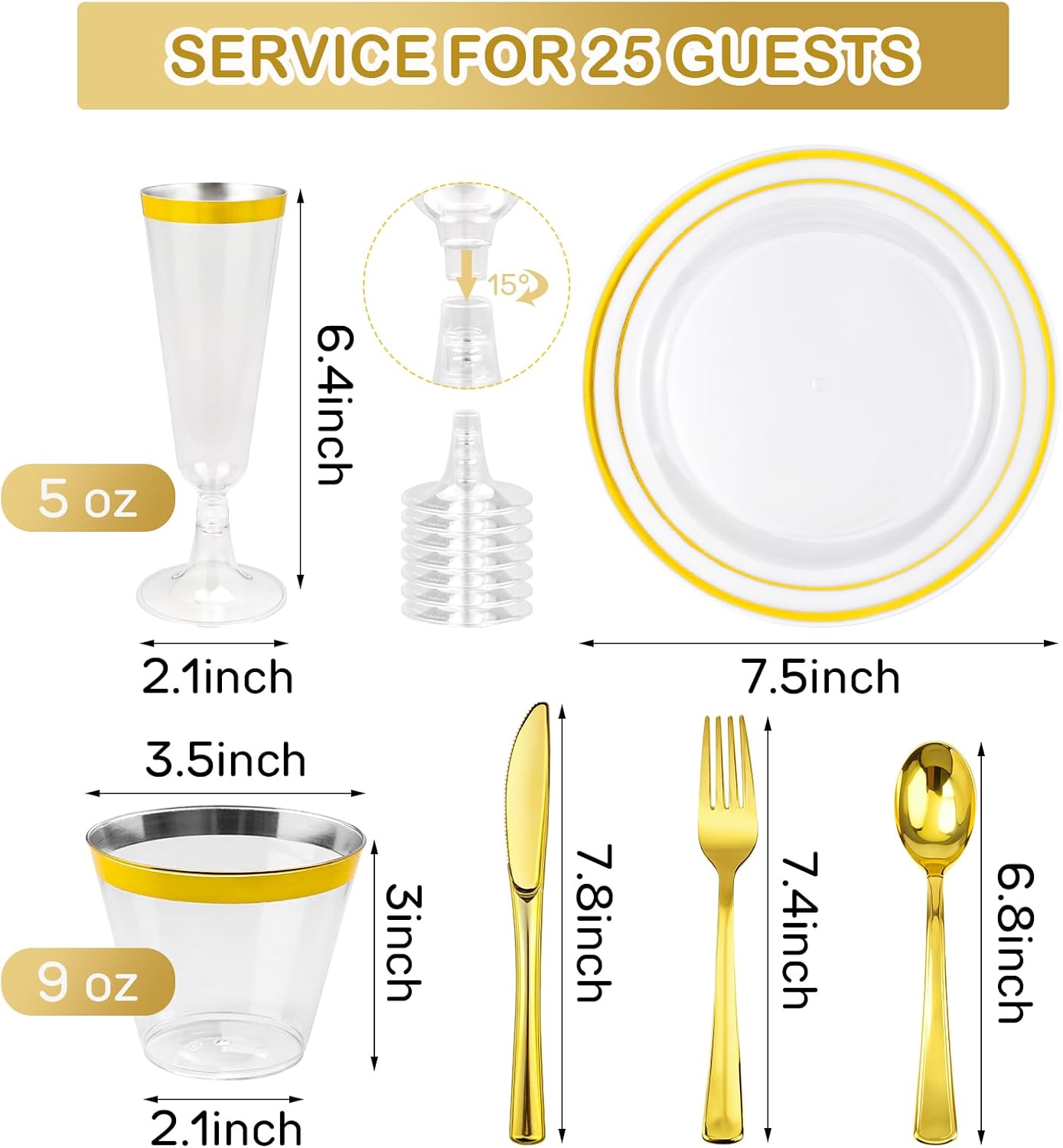 150PCS Gold Plastic Plates Set for 25 Guests, Disposable Dinnerware Set of 25 Dinner, 25 Cups and 25 Champagne Flutes Cups, 25 Spoons, 25 Forks, 25 Knives for Birthday, Wedding & Party Supplies