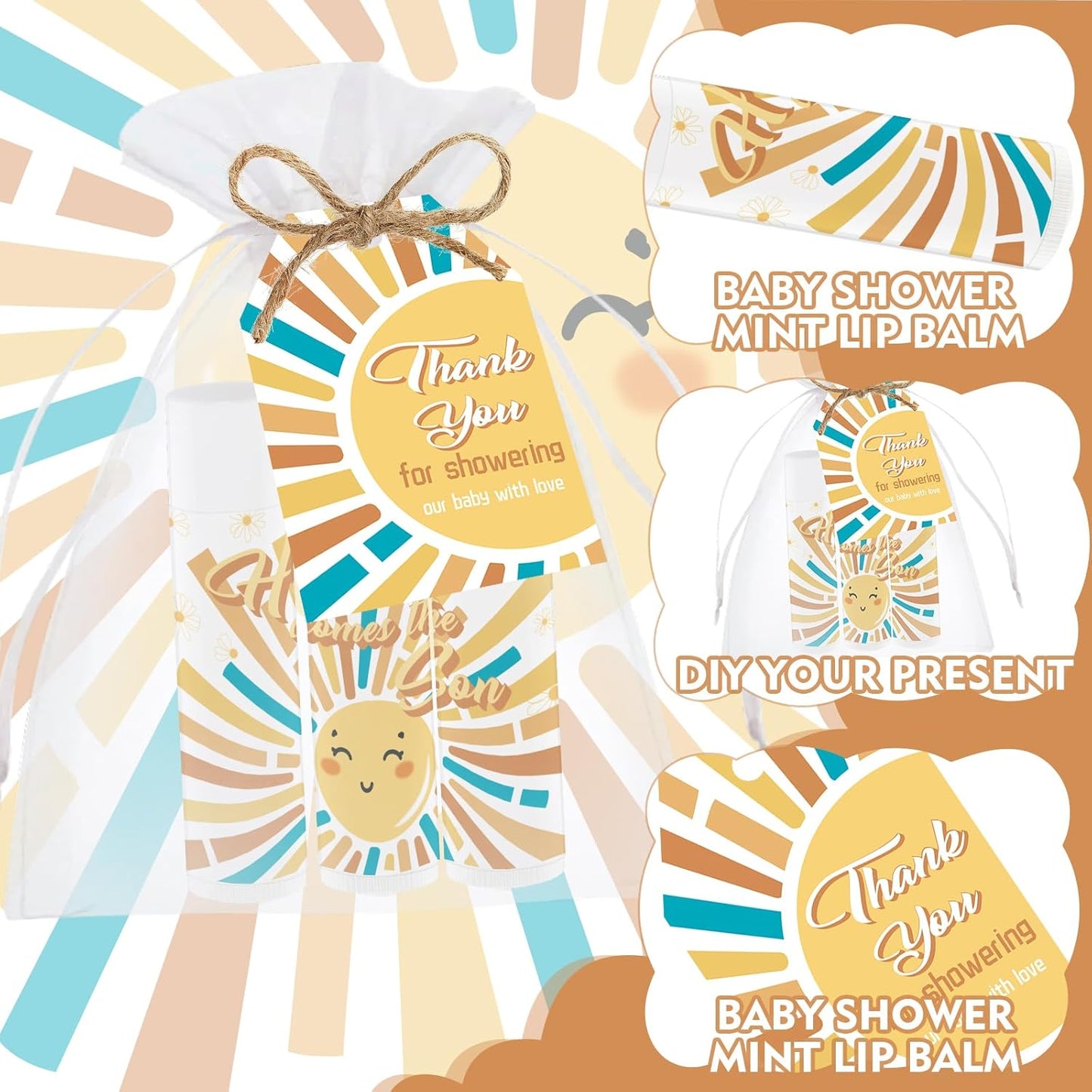 50 PCS Here Comes The Sun Baby Shower Lip Balms Bulk Gift for Guests,Thank You Gifts Sun Birthday Supplies Stuffers, Favors Boys Girls Games Neutral Gender Reveal Thanksgiving Christmas Gifts (Sun)