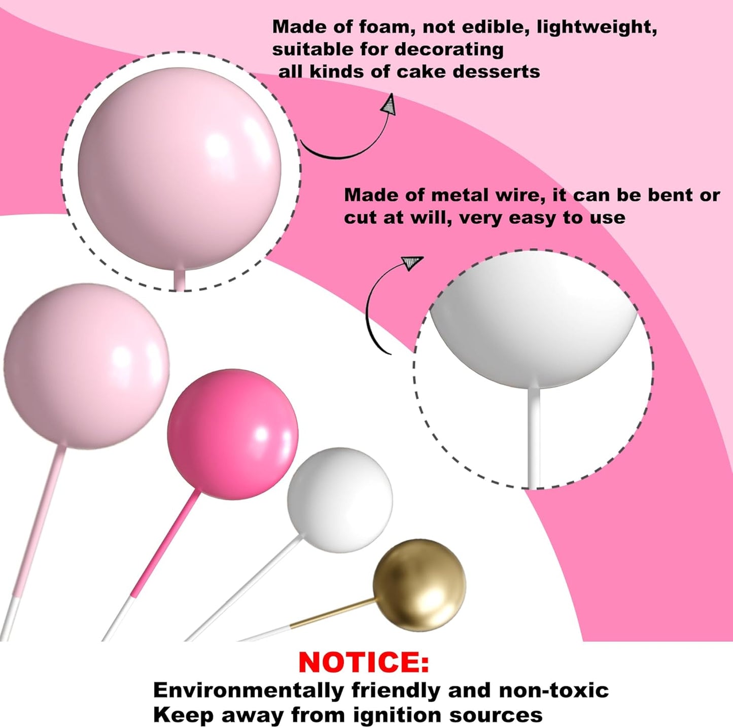 36 Pack Balls Cake Topper Decorations Foam Balloons Cake Decorations Mini Balloons Cake Toppers Balls Cake Picks for Baby Shower Wedding Anniversary Birthday Party Decorations Rose Red White Gold