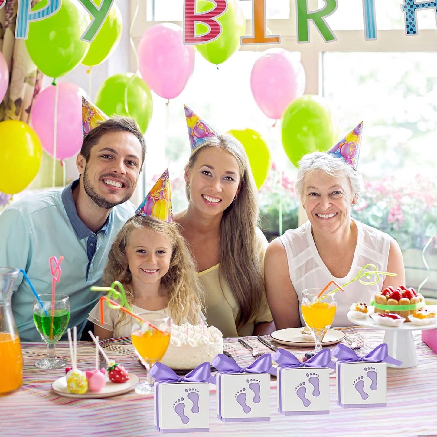 50pcs Baby Shower Party Favor Boxes, Footprint Design Candy Treat Gift Boxes for Kids Birthday Baby Shower Guests Wedding Party Supplies with Ribbon,Purple