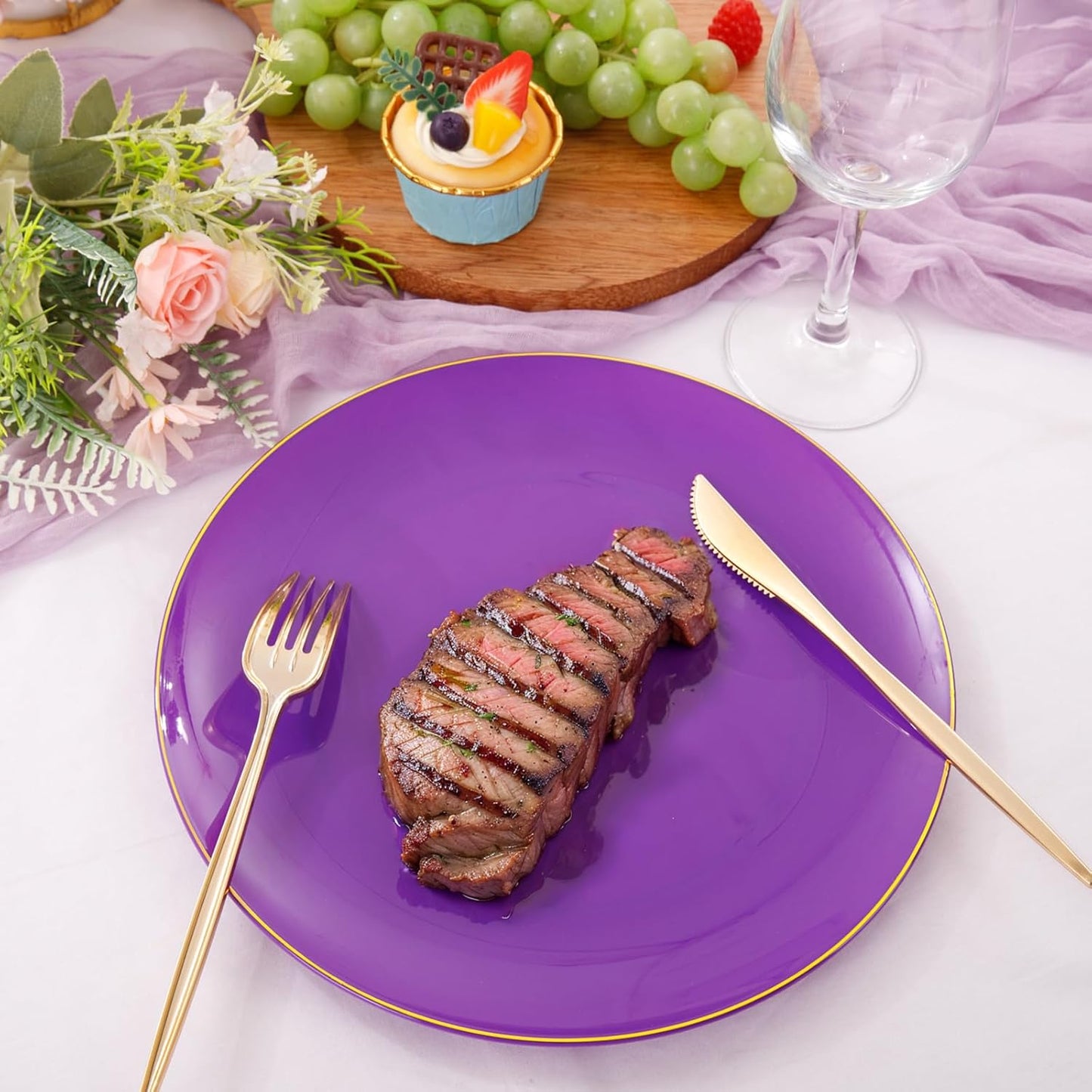 PULOTE 100PCS Purple Plastic Plates - Purple and Gold Disposable Include 50 Each (10.25 Inch Dinner & 7.5 Inch Dessert) Plates, Ideal for Halloween Party