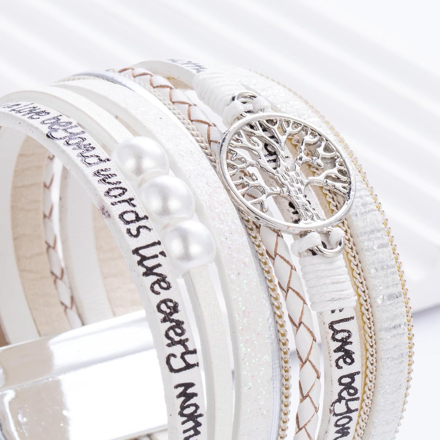 FANCY SHINY Tree of Life Leather Wrap Bracelet Inspirational Cuff Bangles Boho Pearl Bracelets with Magnetic Clasp Unique Jewelry Gifts for Women