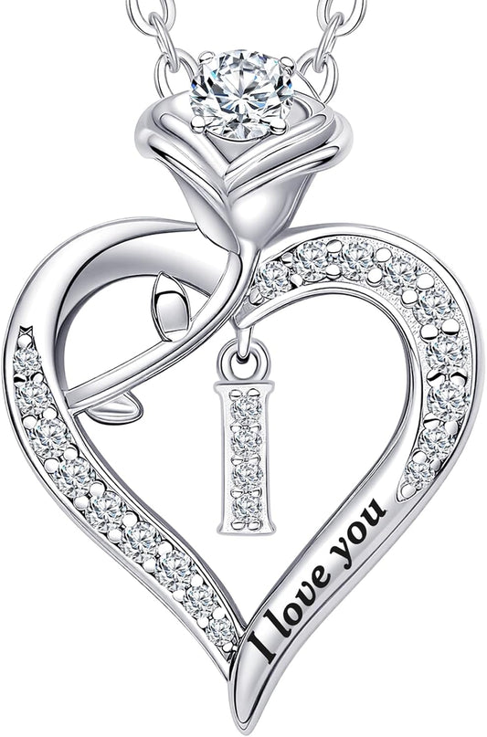 Rose Heart Pendant Necklace Gifts for Wife, Engraved 'I love you' Gift for Wife Girlfriend, Anniversary Birthday Eternity Jewelry Present for Women, Moissanite Necklace Gift for Her