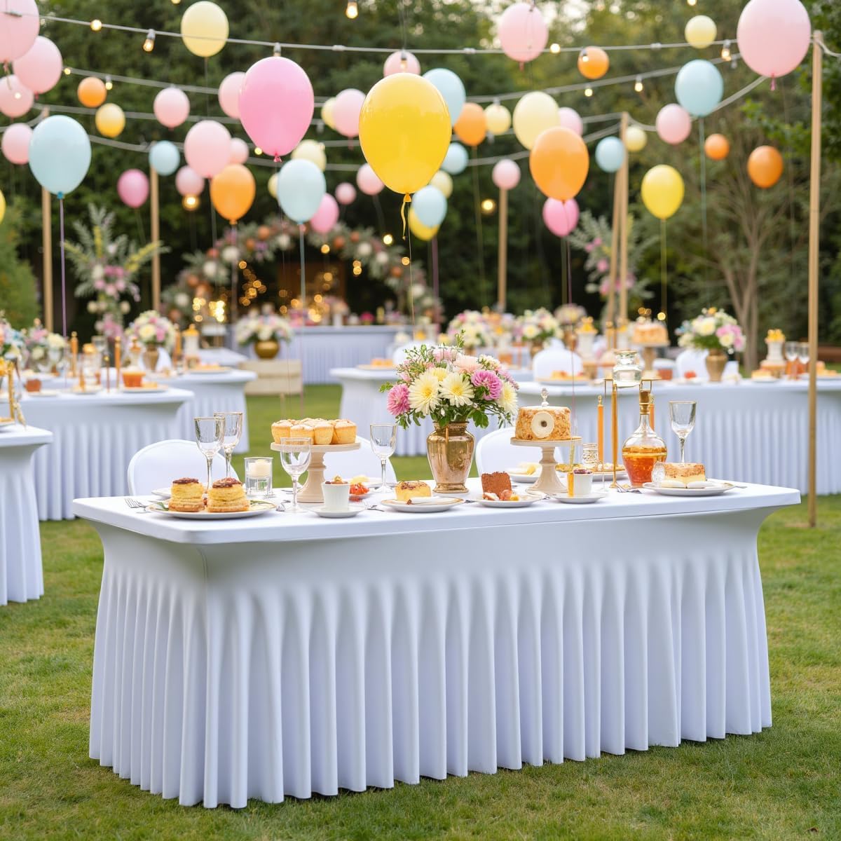 leegleri White Spandex Table Clothes for 8 Foot Rectangle Tables, 8 Pack Wrinkle Free Rectangle Table Cloth 8ft Stretch Fitted Tablecloths with Skirt for Parties Weddings Birthday Banquet Baby Shower