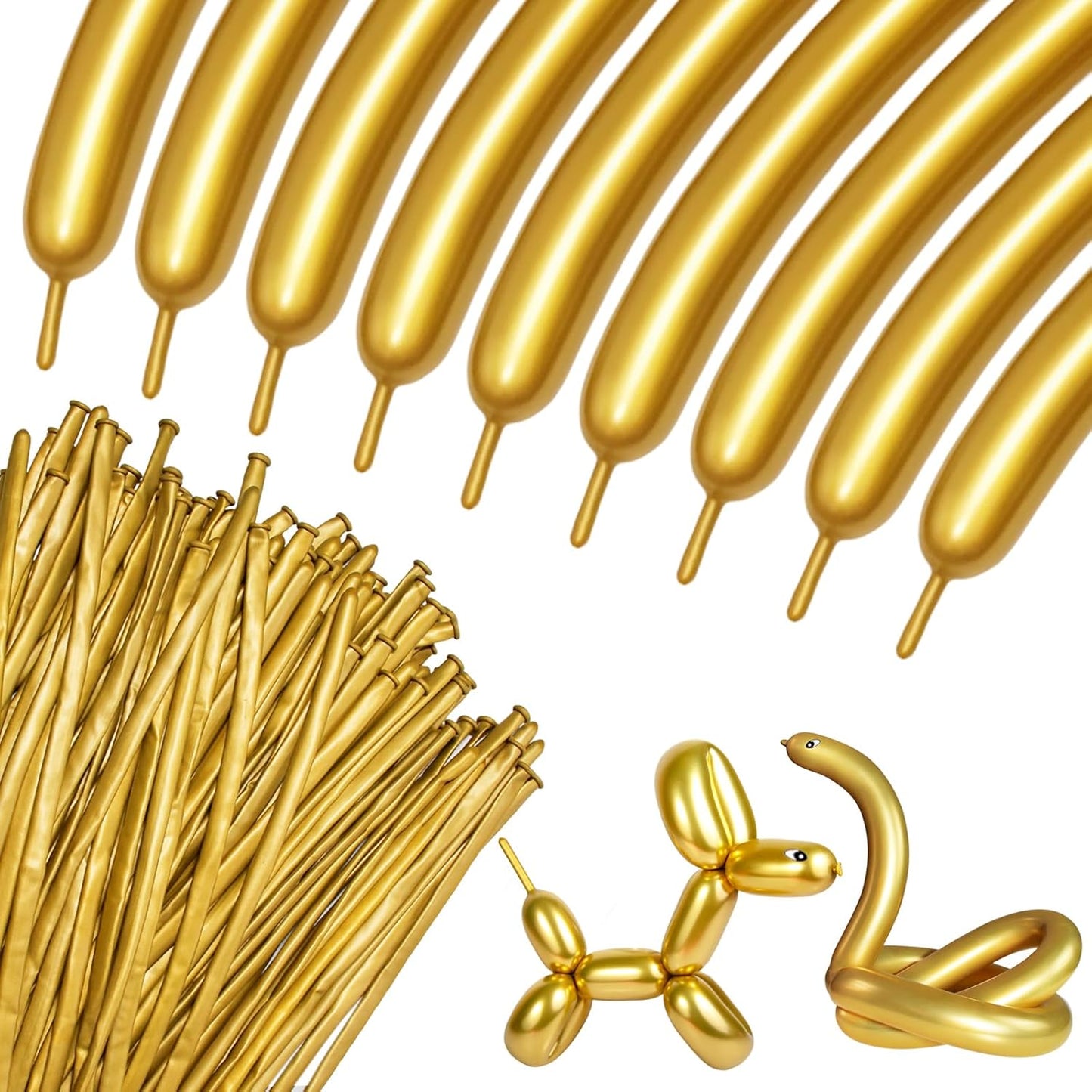 100Pcs 260 Balloons Metallic Gold Long Balloons for balloon animals, Gold Skinny Latex Twisting Balloon for Animals Modeling Christmas Birthday Wedding Party Decorations. (Gold)