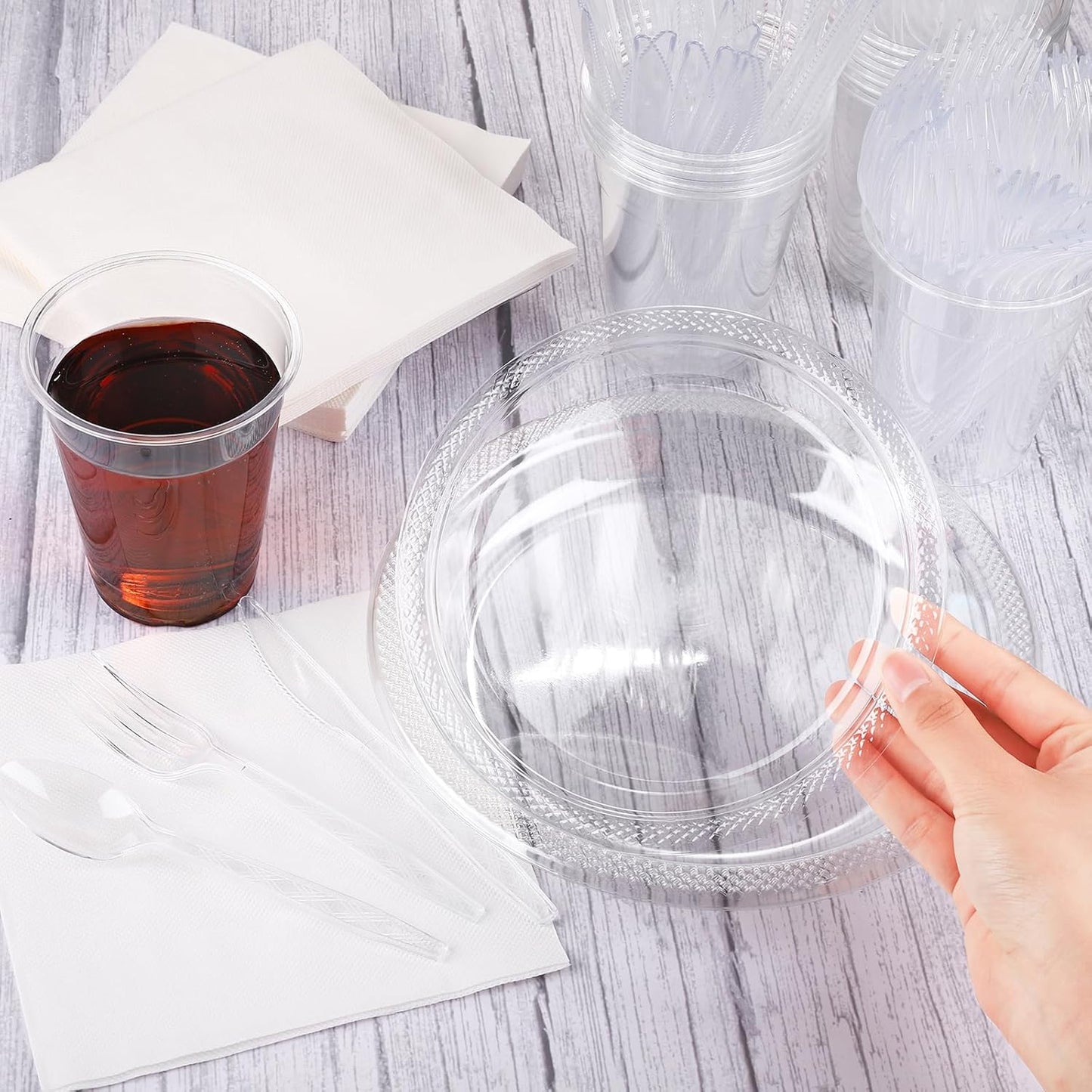 Aodaer 200 Pieces Clear Party Supplies Disposable Dinnerware Set Include Plastic Plates Cups Knives Forks Spoons Paper Napkins for Birthday Wedding Graduation Parties, Serve 25 Guests