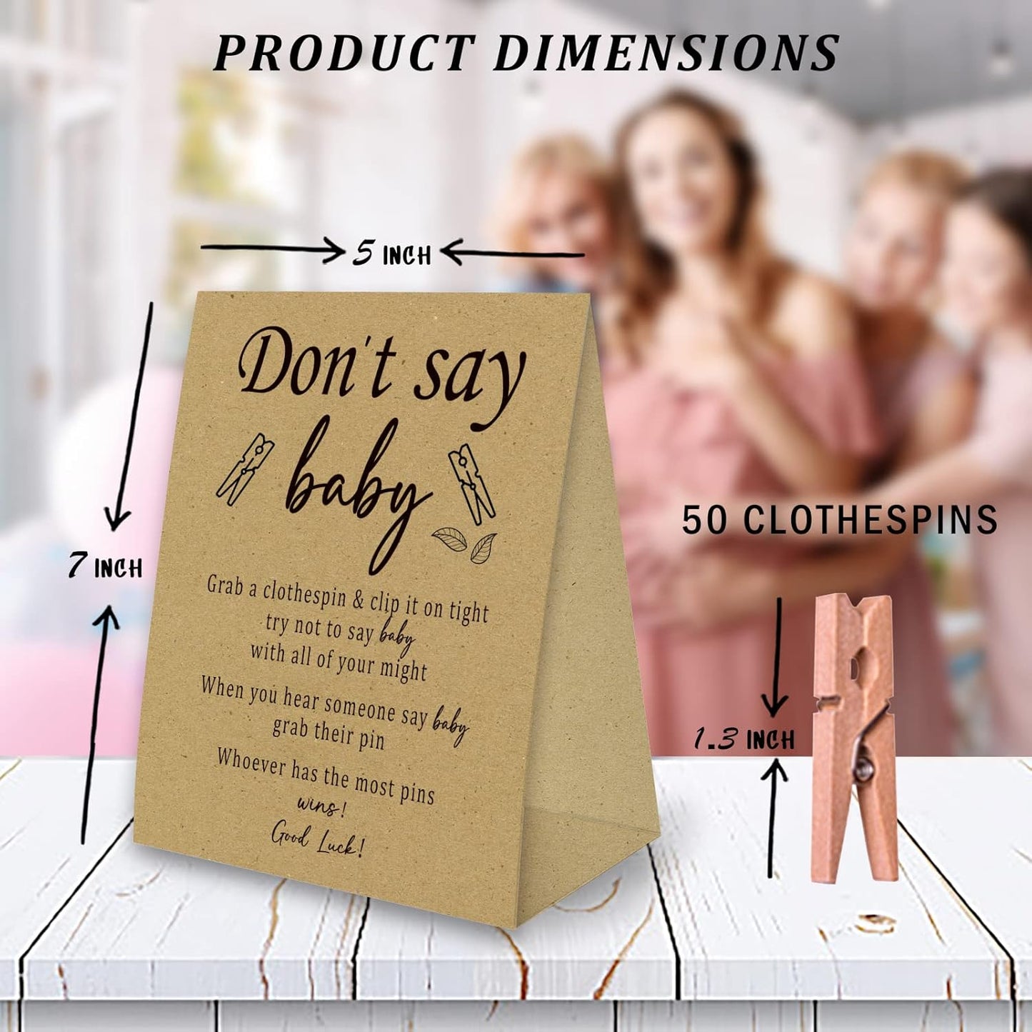 Don't Say Baby Game For Baby Shower Clothespin Game, One 5x7 Kraft Sign And 50 Natural Clothespins, Minimal Style, Gender Neutral -NDSBB02