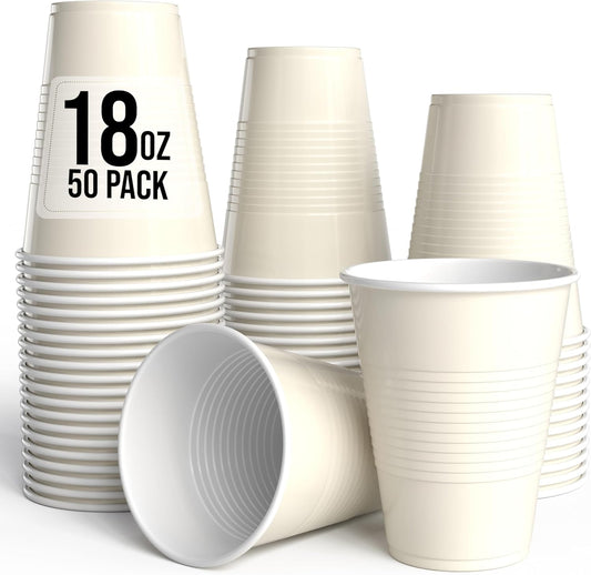 18 Oz Ivory Plastic Cups For Party Supplies 50 Pack | Ivory Disposable Cups Plastic | Disposable Drinkware For Parties, Events & Everyday