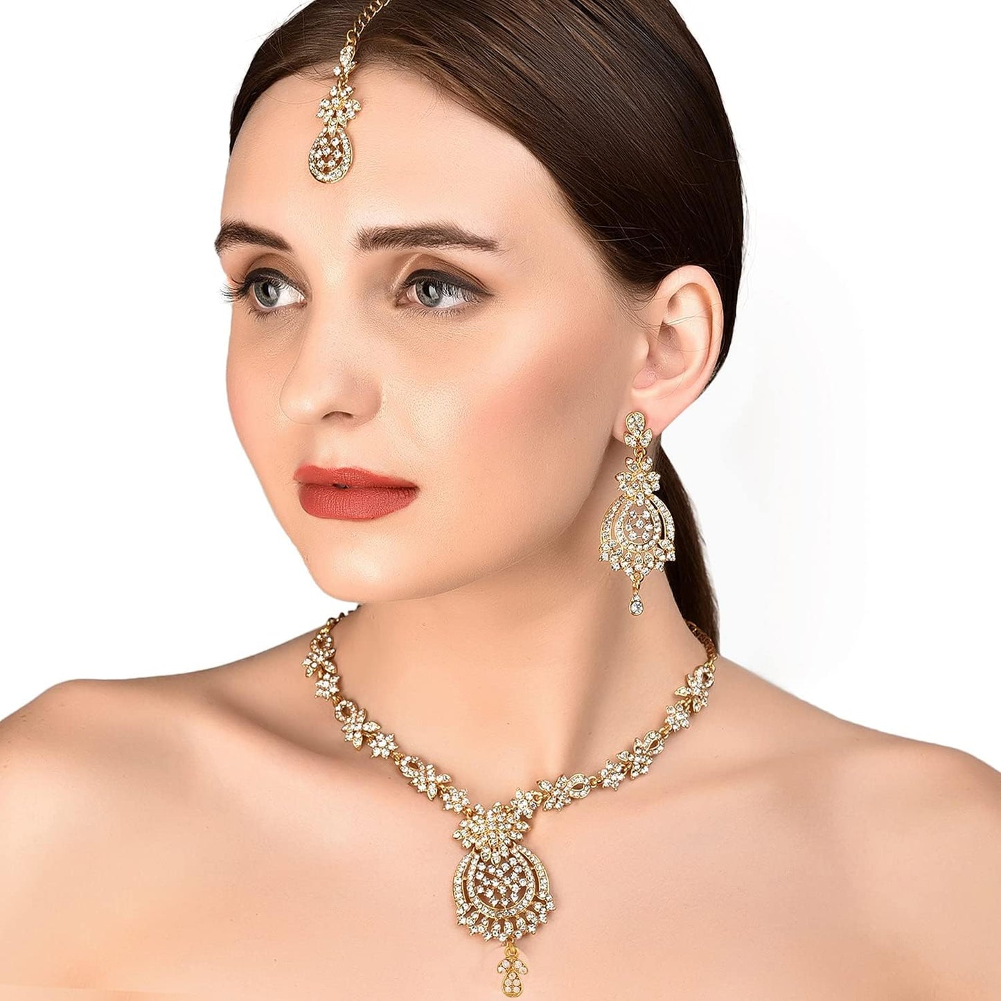 Touchstone Indian jewelry sets for women maang tikka wedding guest gold necklace bollywood jewellery set pageant elegant prom bride accessories western crystal chunky rhinestone necklaces