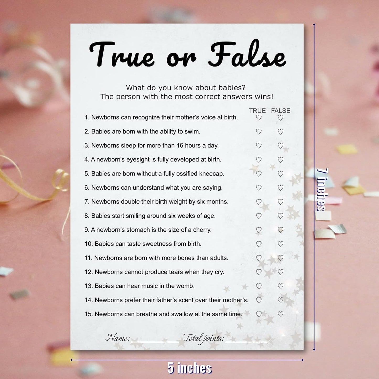 Baby Shower True or False Trivia Game Cards - 30 Player Minimalist Party Game Kit, Light Gray Stars Design, Ready to Play with Answer Keys, 5x7 Inch (True or False)