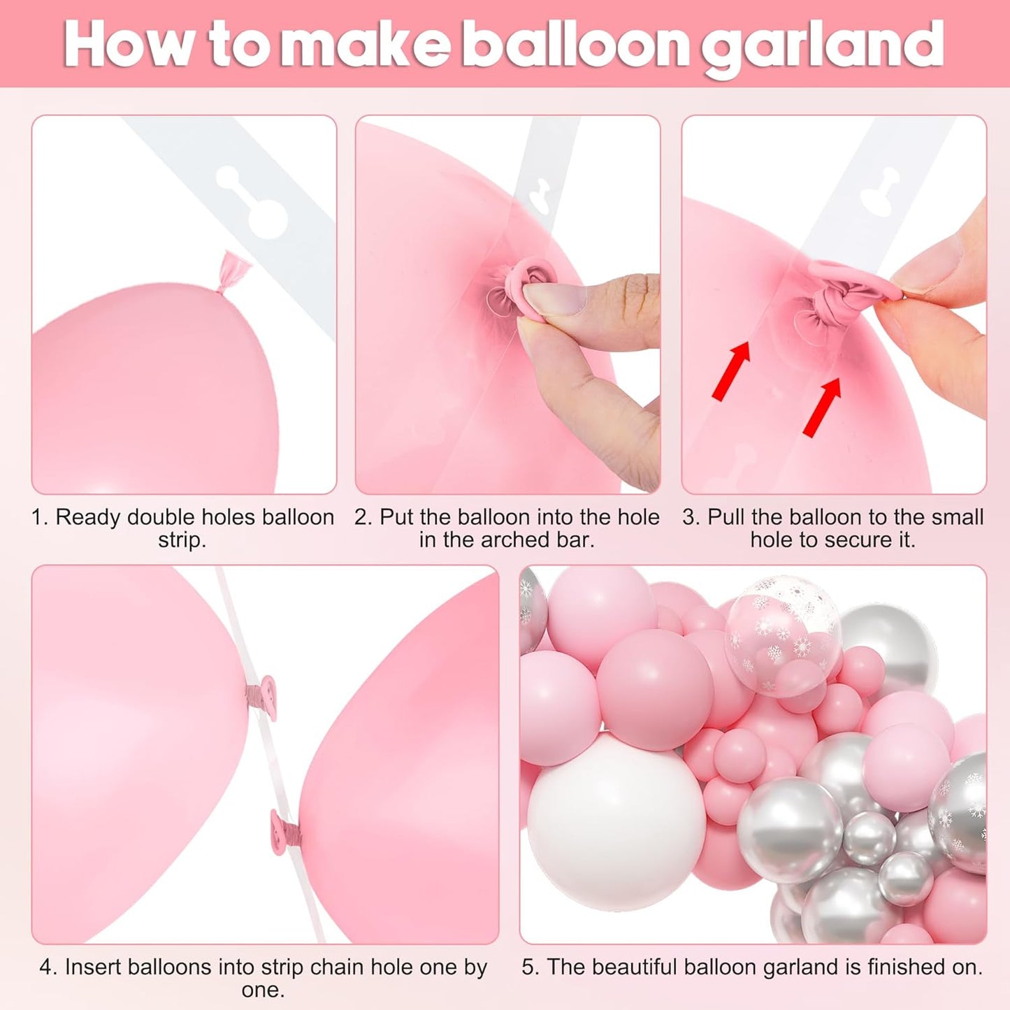 Amandir 153pcs Pink Silver Balloon Arch Garland Kit, Different Sizes 18 12 10 5 inch Pink White Latex Metallic Confetti Snowflake Balloons for Winter Wonderland Princess Baby Shower Party Decorations