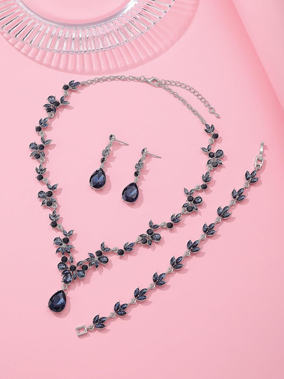 Bridal Wedding Elegant Floral Jewelry Set for Women/Brides/Bridesmaids Crystal Jewelry Set for Wedding Prom Party Bridal Crystal Necklace Earrings Bracelet Set