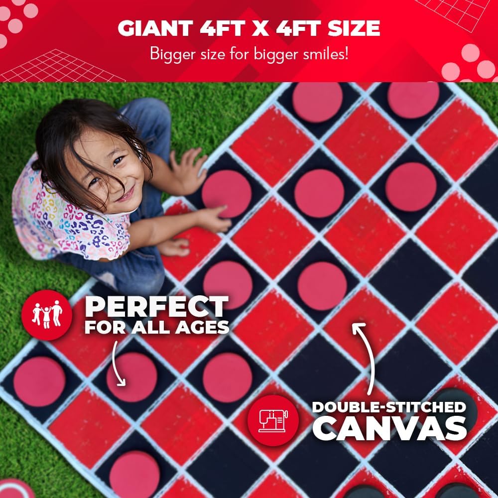 Swooc Games® - 2-in-1 Vintage Giant Checkers & Tic Tac Toe Game W/Mat (4ft x 4ft) - 100% Machine-Washable Canvas - Giant Outdoor Games for Kids - Yard Game for Kids - Jumbo Lawn Set - Large Checkers