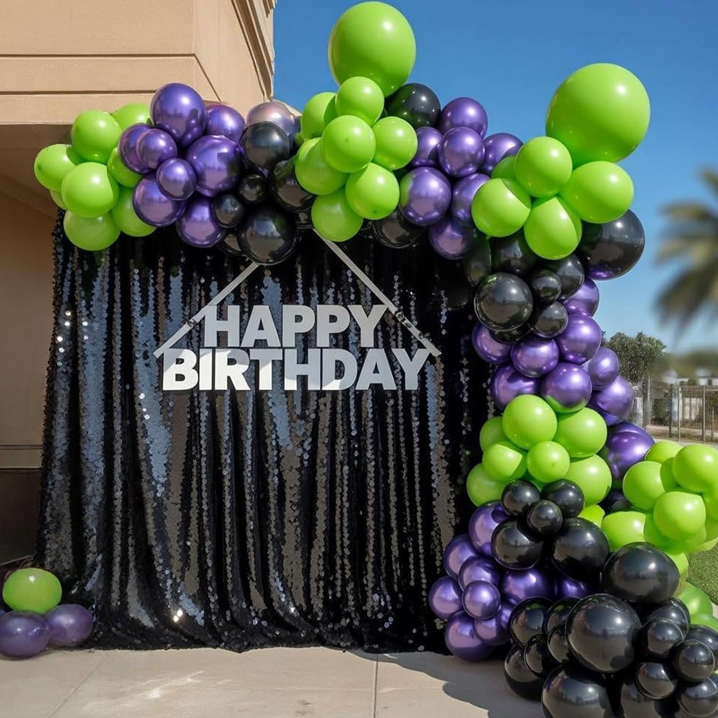 Purple and Green Balloons, 12 Inch Lime Neon Green Metallic Purple Black Confetti Latex Party Balloons for Boys Halloween Hero Monster Truck Racing Car Theme Baby Shower Birthday Party Decorations