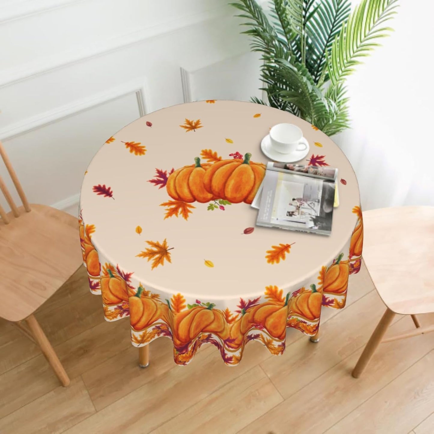 Giwawa Autumn Fall Tablecloth Round 60Inch Pumpkins Maple Leaves Decorative Circle Heat Resistant Washable Polyester Thanksgiving Table Cover for Kitchen Dining Picnic Holiday Indoor Outdoor Party