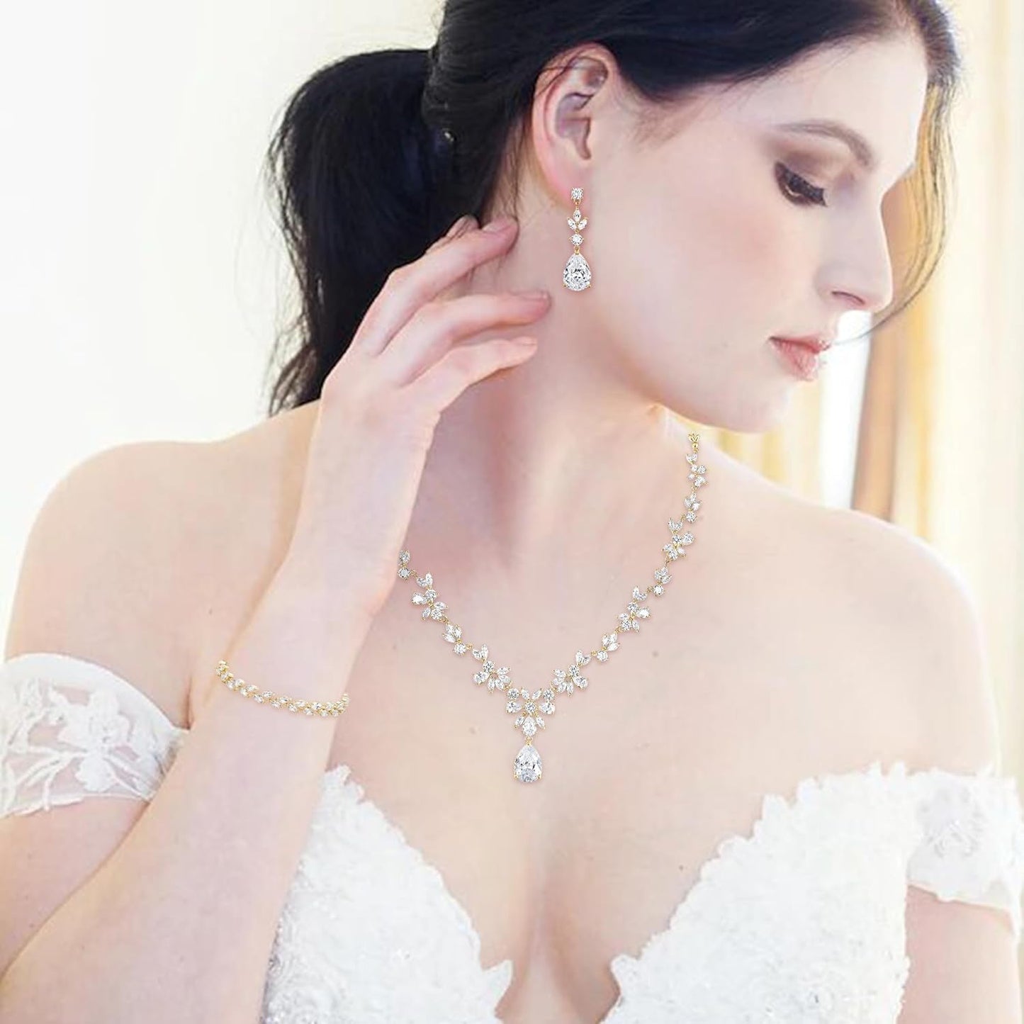 BriLove Gorgeous Wedding Jewelry Set for Women Bridal Cubic Zirconia Marquise Teardrop Leaf Cluster Y-Necklace Dangle Earrings Link Bracelet