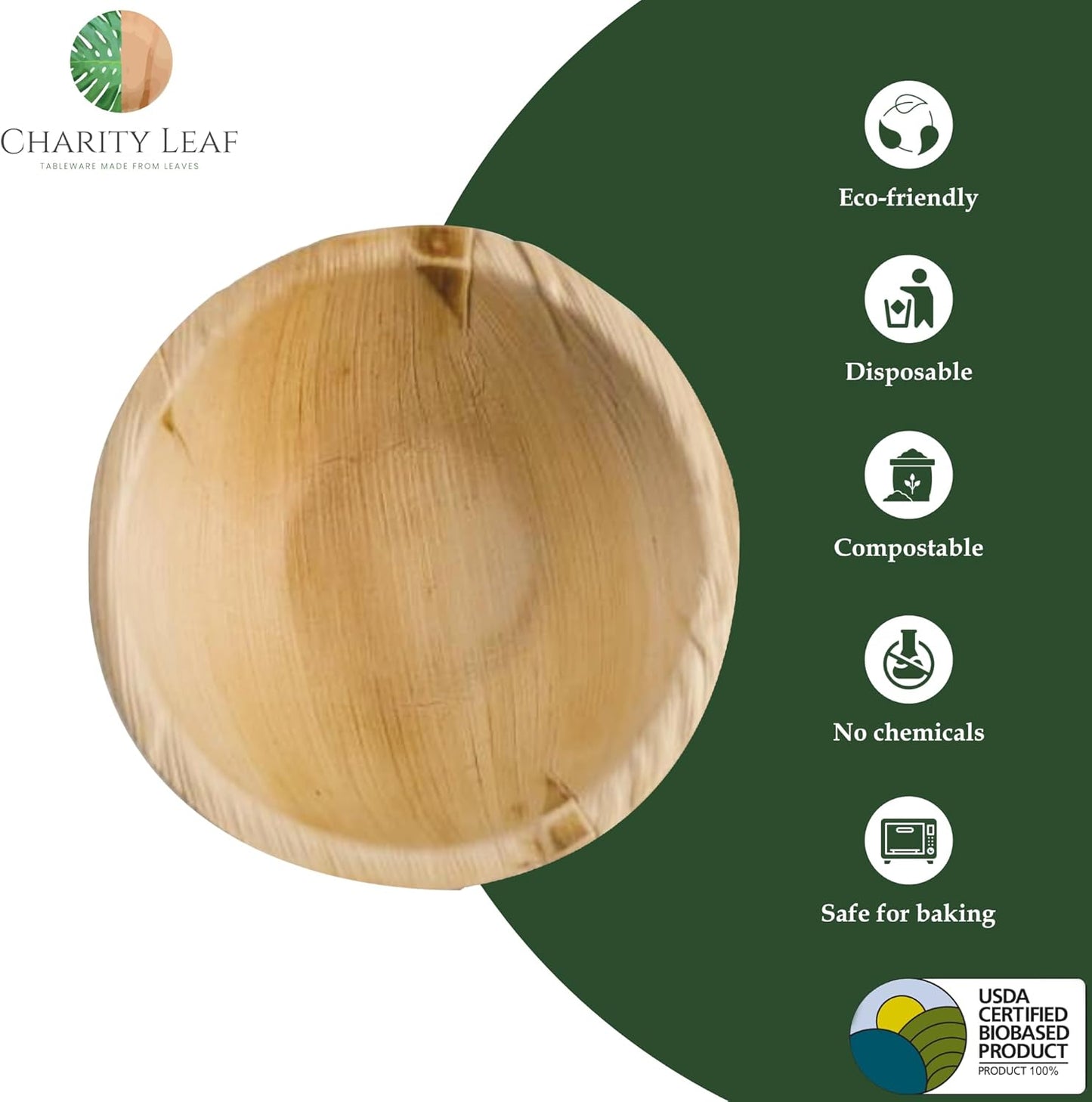Charity Leaf Disposable Palm Leaf 5" Round Bowl (200 pcs) Dipping Bowls | Bamboo Like| All Natural and Biodegradable | Charcuterie Boards, BBQs, and Parties