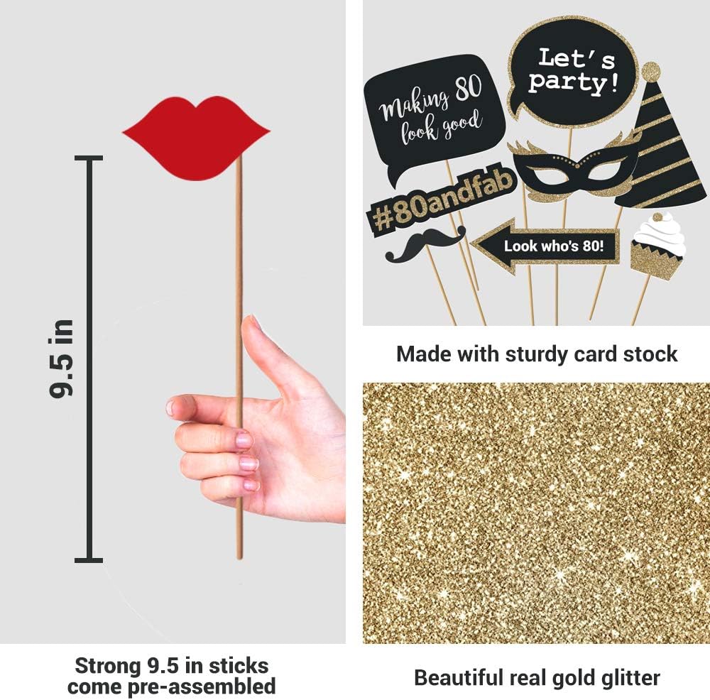 Fully Assembled 80th Birthday Photo Booth Props - Set of 30 - Black & Gold Selfie Signs - 80th Party Supplies & Decorations - Cute Bday Designs with Real Glitter - Did We Mention No DIY