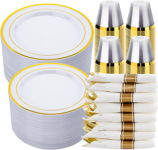 350 PCS White and Gold Plastic Dinnerware Set for 50 Guests, 100 Disposable Plates for Party, 50 Pre Rolled Napkins with Gold Silverware, 50 Cups
