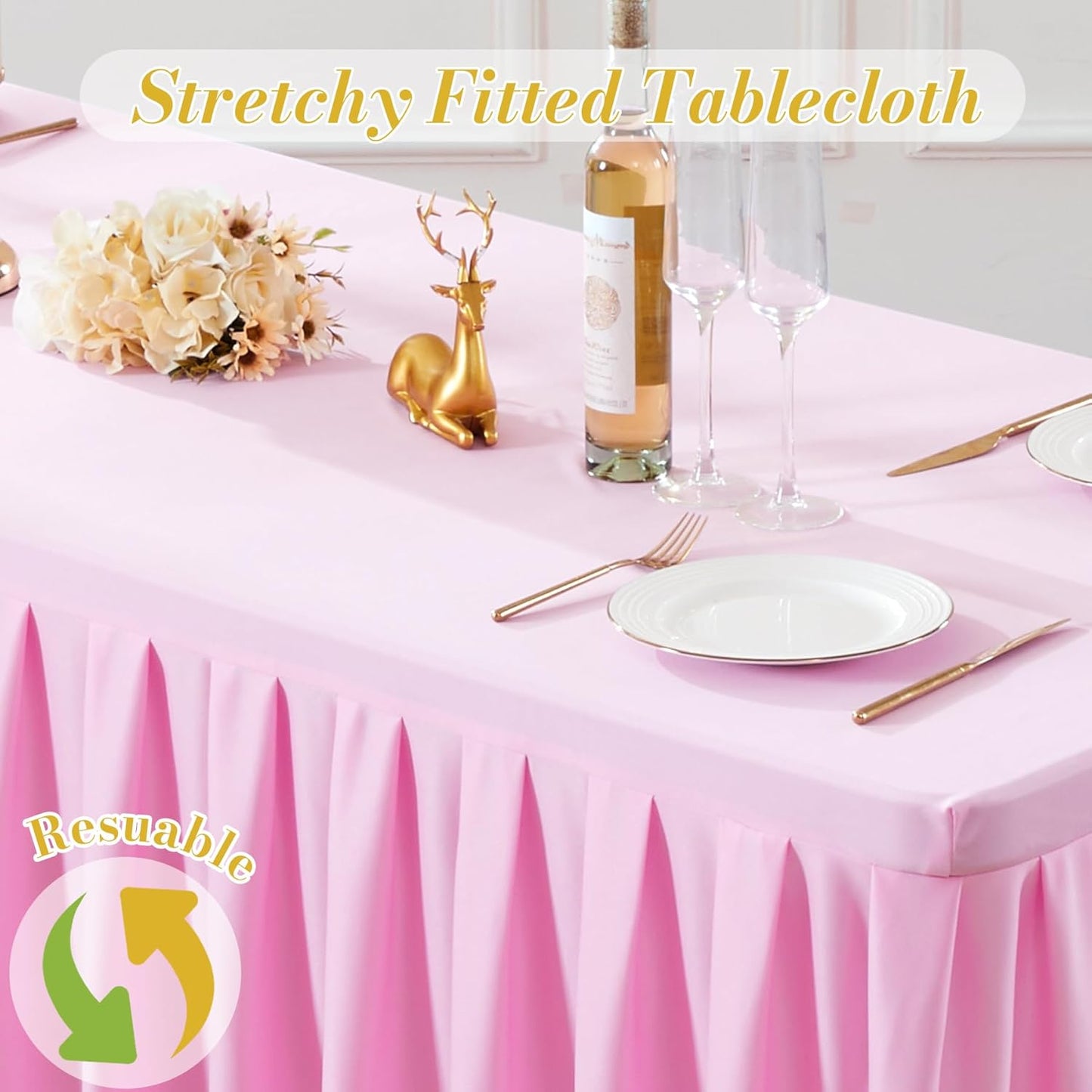 4 Pack Pink Rectangle Tablecloth 6 FT Stretch Spandex Fitted Table Cloth for 6 Foot Rectangle Tables Banquet Tablecloths Wrinkle Free Table Cover Skirt Ruffle Tablecloth for Party Wedding Birthday