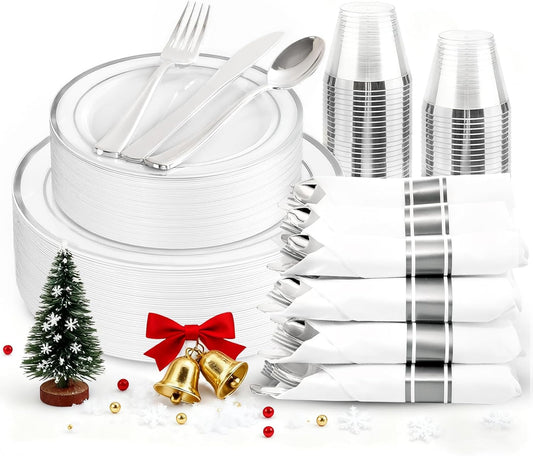 175PCS Sliver Plastic Plates - Christmas Plates Disposable - White Plate with Silver Trim 25Guests Plastic Dinnerware Sets with Rolled Napkins for Wedding/Birthday/Christmas