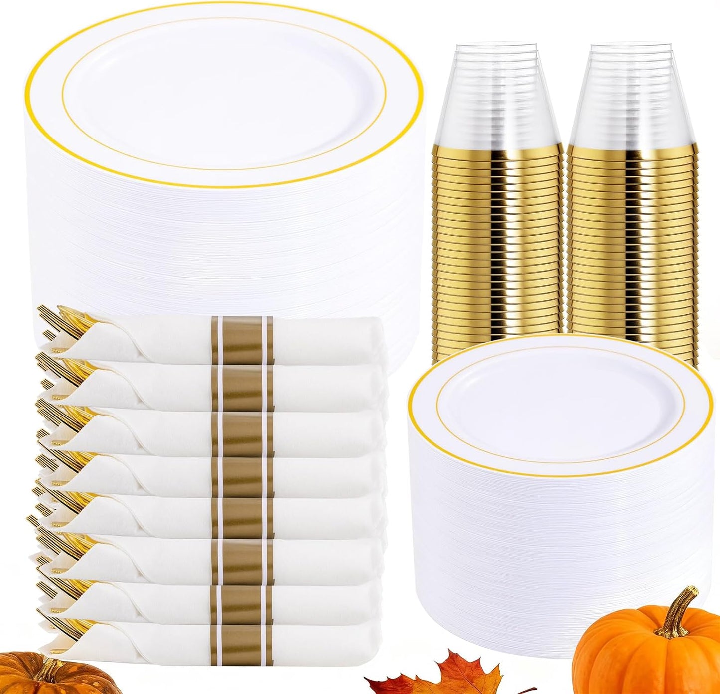 DaYammi 350PCS Gold Plastic Dinnerware Set for 50 Guests, Thanksgiving Plates Disposable, Include: 50 Dinner Plates, 50 Dessert Plates, 50 Pre Rolled Napkins with Gold Silverware, 50 Cups