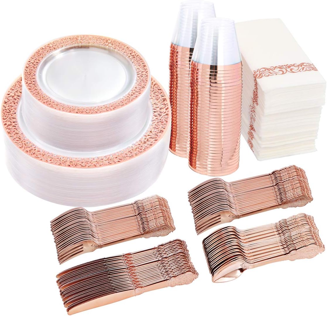 I00000 50 Guests Clear Rose Gold Plastic Plates - Disposable Dinnerware Set Includes: 100 Clear Rose Gold Plastic Plates, 150 Silverware, 50 Napkins, 50 Cups Perfect for Party & Wedding