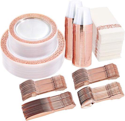 I00000 50 Guests Clear Rose Gold Plastic Plates - Disposable Dinnerware Set Includes: 100 Clear Rose Gold Plastic Plates, 150 Silverware, 50 Napkins, 50 Cups Perfect for Party & Wedding