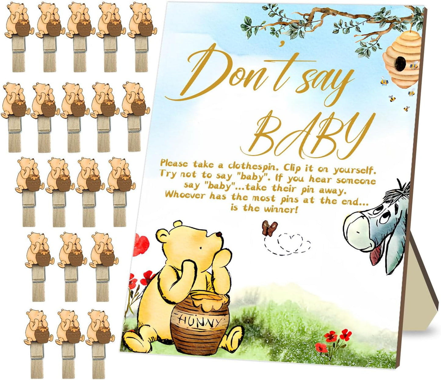 the Pooh Baby Shower Game Set, Include 1 Winnie Don't Say Baby Game Sign and 20 Mini Winnie Clothespins, Baby Shower Game Decor, Baby Shower Party Decorations Supplies