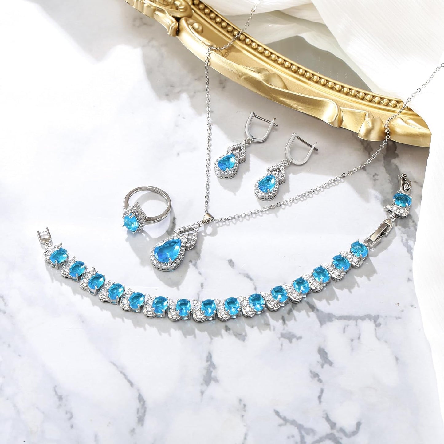 BriLove Wedding Jewelry Set for Women Bride Bridesmaid, Gorgeous Cubic Zirconia Teardrop Necklace Earrings Bracelet Adjustable Ring Jewelry Gift for Birthday/Anniversary/Mother’s Day